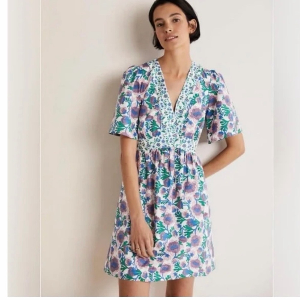 Boden Floral V-Neck Mini Dress - Blue & Purple Sz 4R